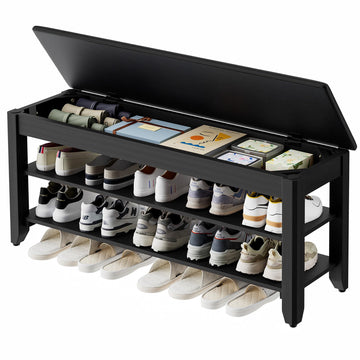 39.4" Wide Solid Wood Shoe Rack Bench with Flip-Top Storage