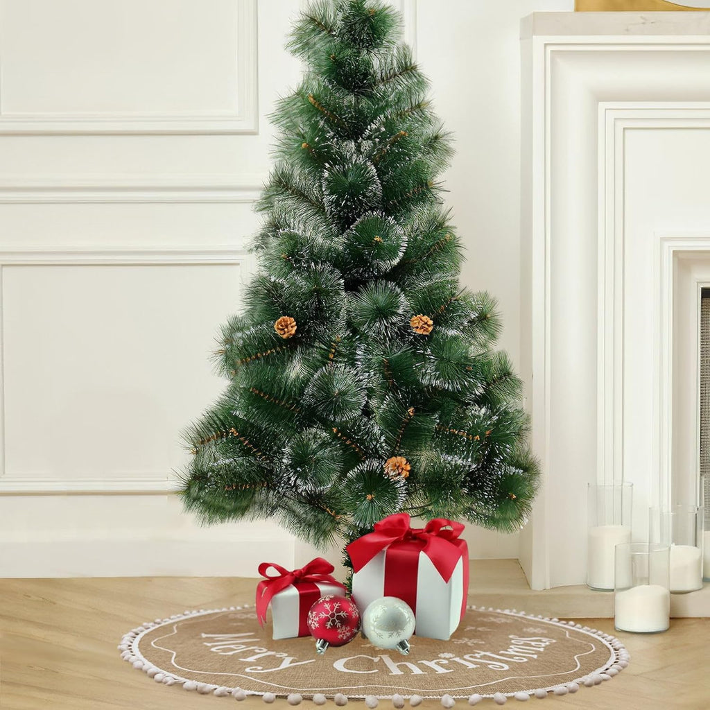 Christmas Tree Skirt 36 Inch, Burlap Tree Skirt Printed with White Snowflake and Merry Christmas Decor, Brown Tree