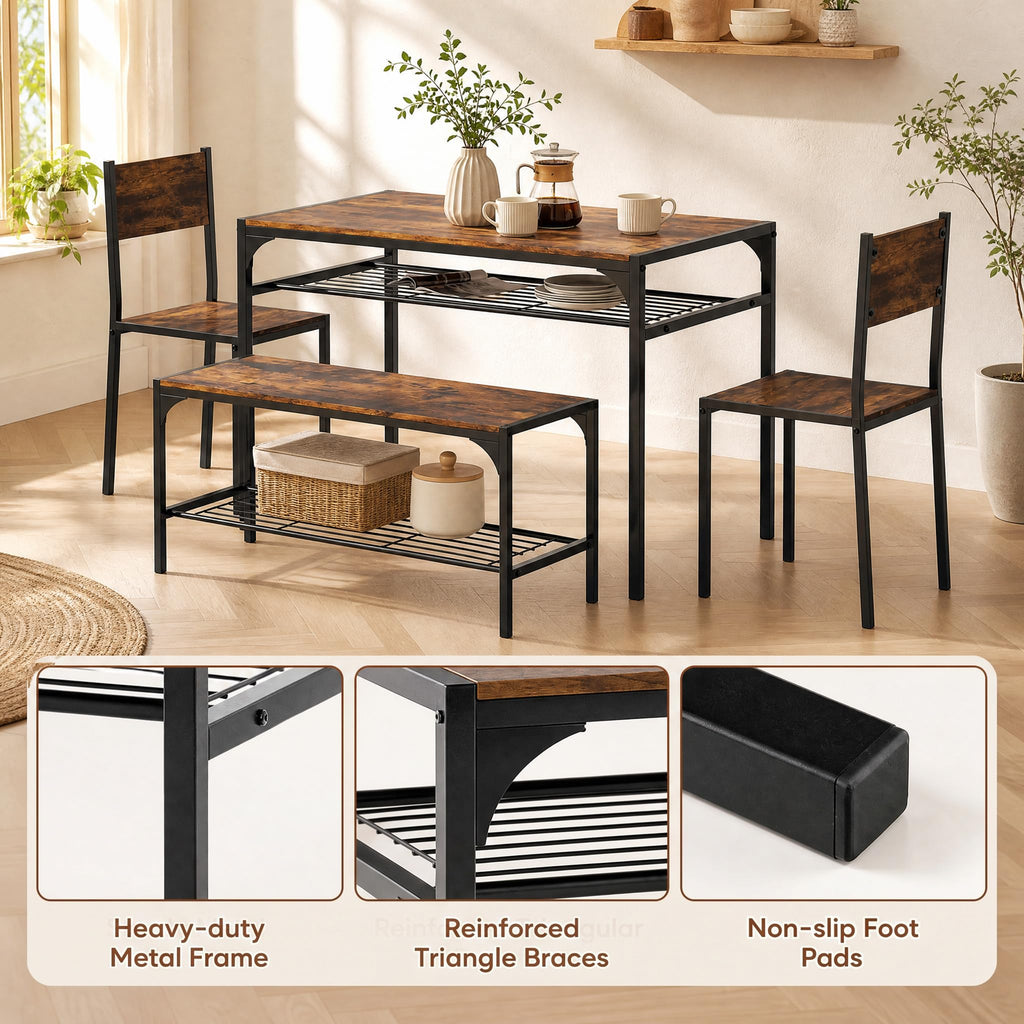 Dining Table Set for 4 with Bench & 2 Chairs, Storage Racks