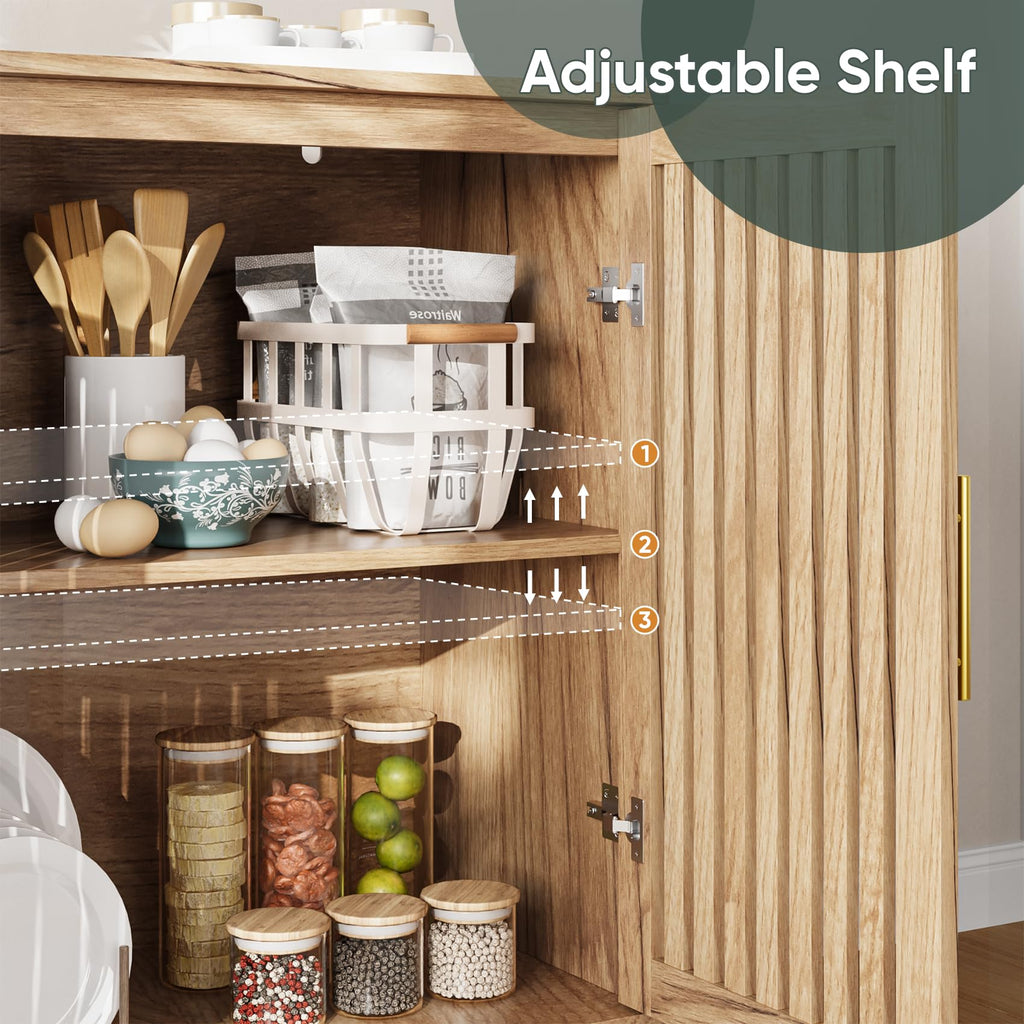 63" Long Sideboard Buffet with 4 Slatted Doors, Farmhouse Buffet Storage Cabinet with Adjustable Shelves, Coffee Bar