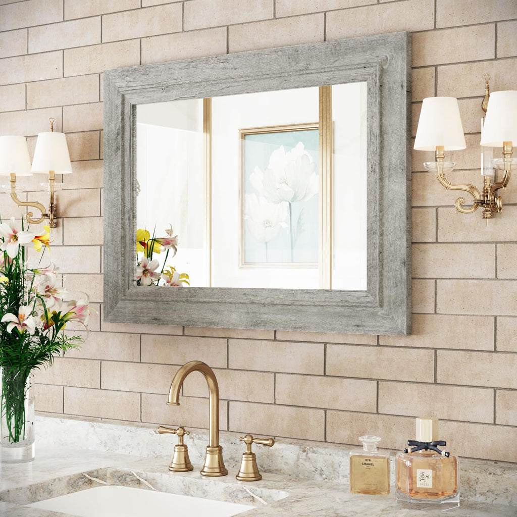 Rustic Wall-Mounted Vanity Mirror, Solid Wood Frame Bathroom Mirror, Farmhouse Style, Horizontal/Vertical Hanging