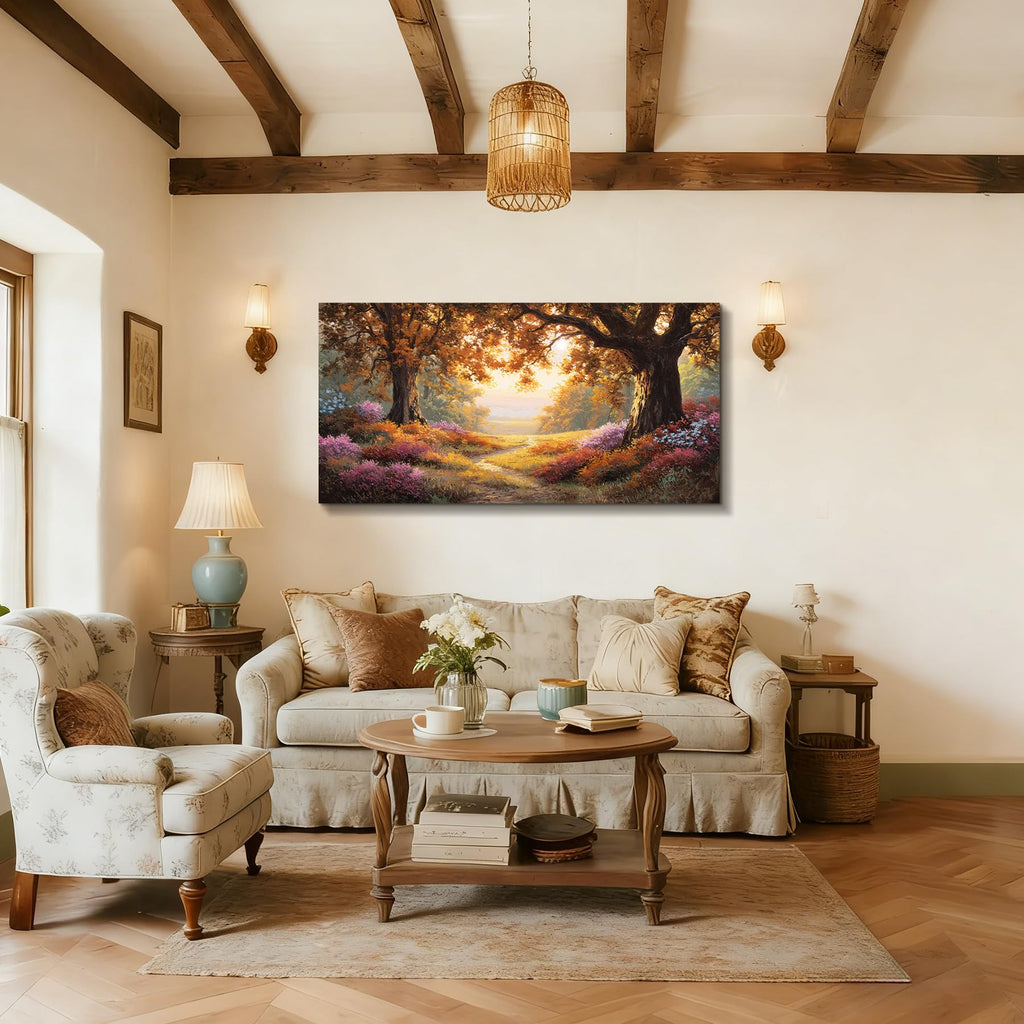 Large Fall Wall Art, Forest Landscape Canvas Painting 29"x57"