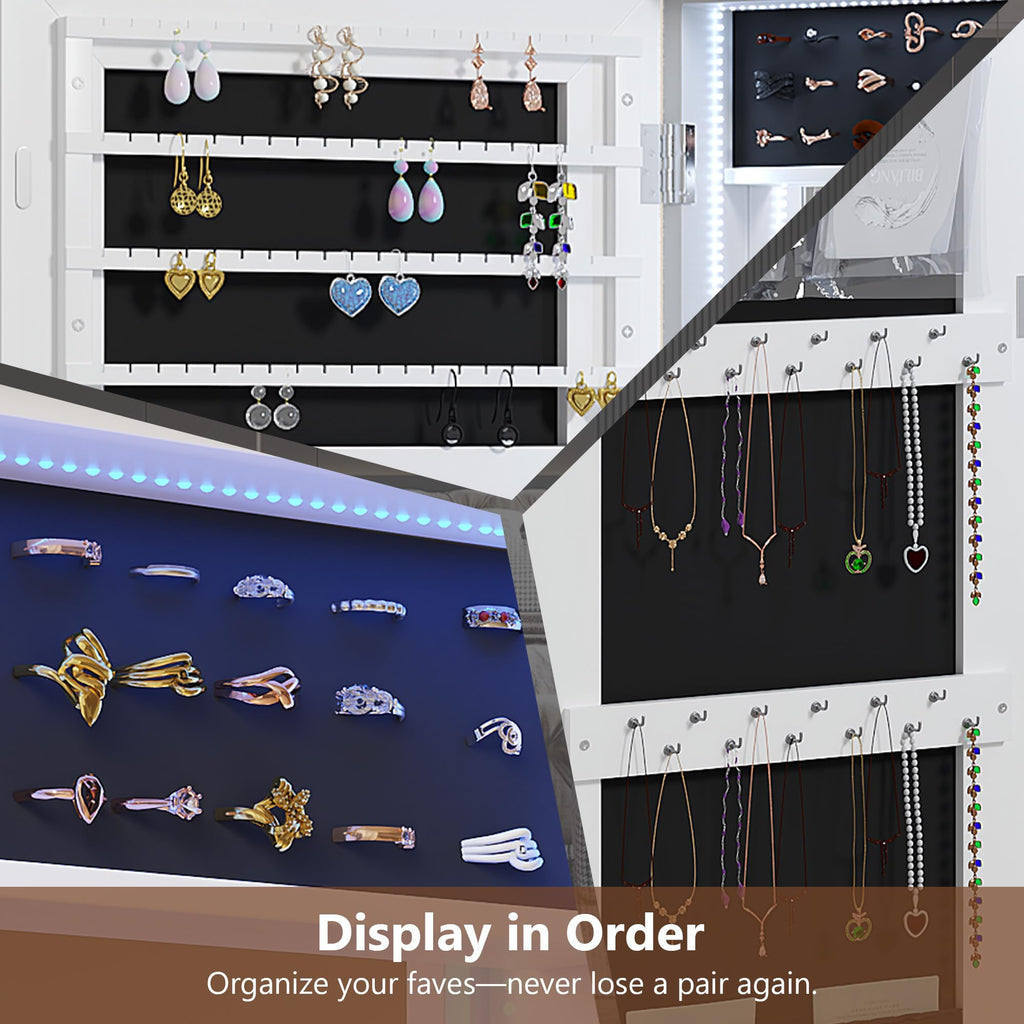 Jewelry Cabinet with Mirror, 12 Hollywood LED Bulbs, Lock, 43.5"