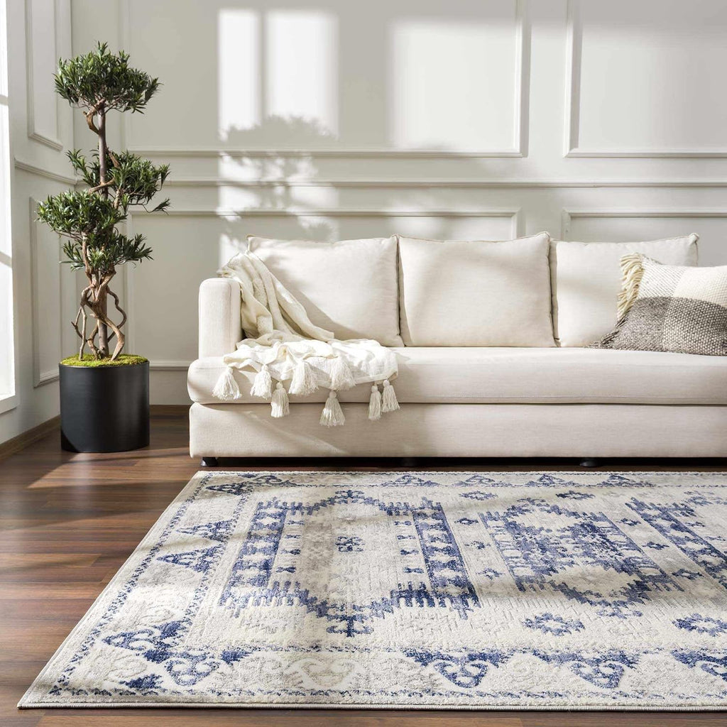 Spinoza Living Room, Bedroom Area Rug - Geometric Border Medallion Diamond Distressed - Southwestern Tribal