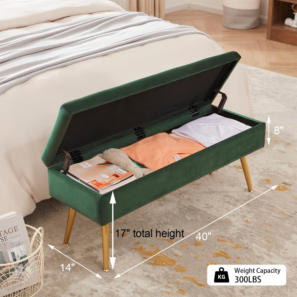 Storage Bench Entryway Bench End of Bed Bench Ottoman Upholstered Velvet Bedroom Bench Tufted Bench with Golden Legs