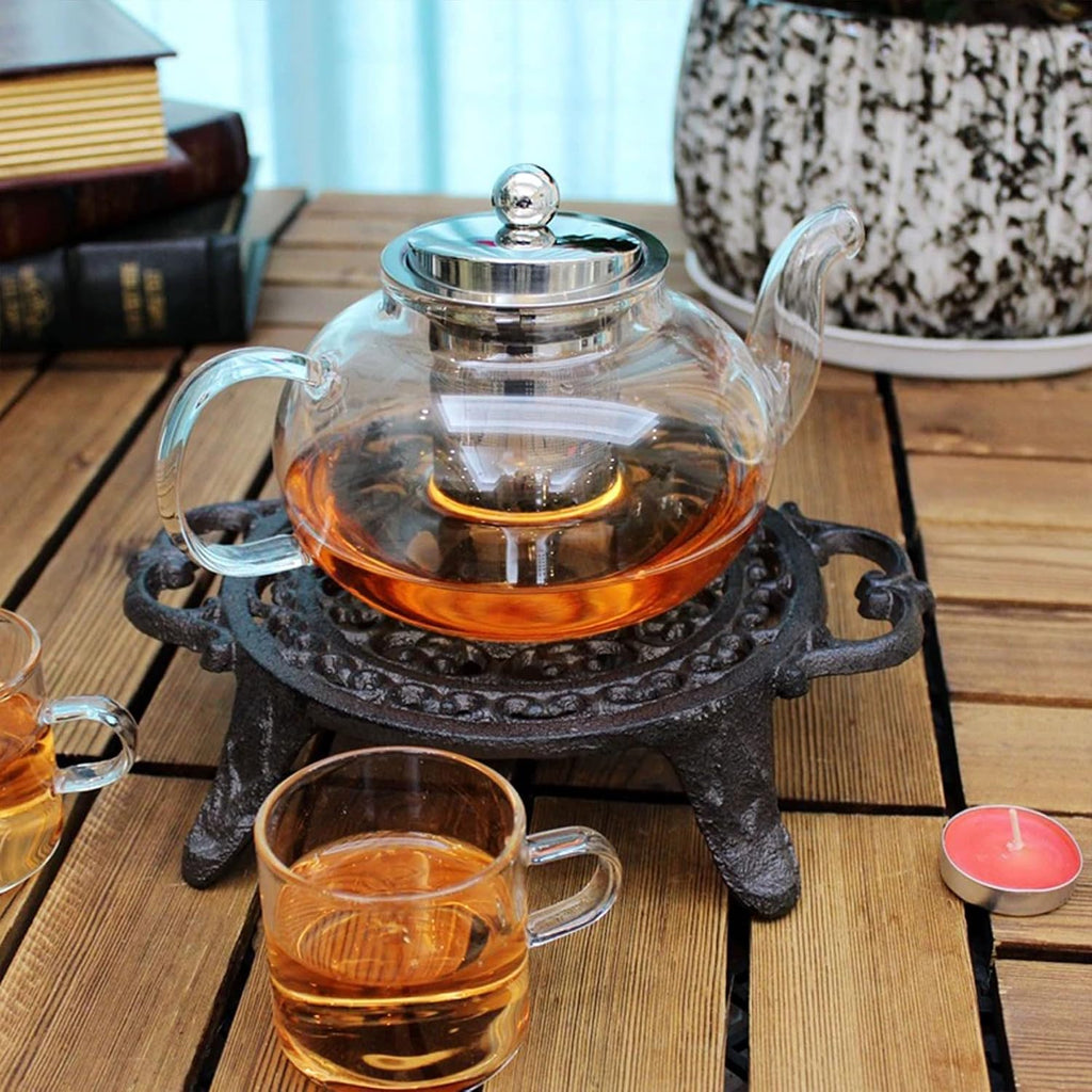 9 Inches Cast Iron Teapot Warmer Dish Cups Trivet,Round-Shaped Double Eared Design with Tealight Holder - Heavy Duty