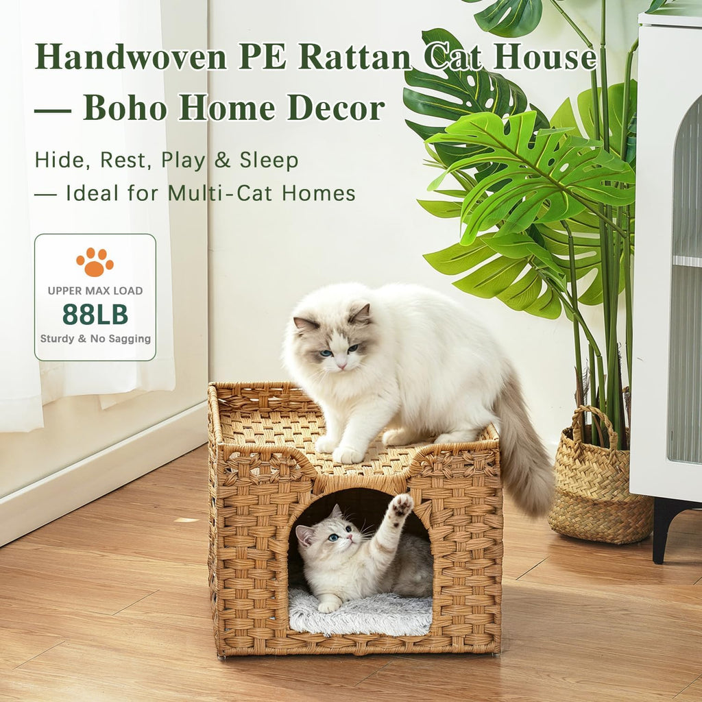 Cat Beds Indoor Kitten House, PE Rattan Cat Cave, Natural