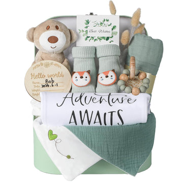 Baby Gift Set Baby Shower Gifts Basket for Newborns New Born Baby Sage Green Gift Basket with Baby Rattle Swaddle