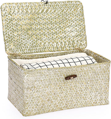 Seagrass Storage Basket Bins with Lid Handwoven Wicker Shelf Baskets | Rectangular Basket Household Organizer Boxes