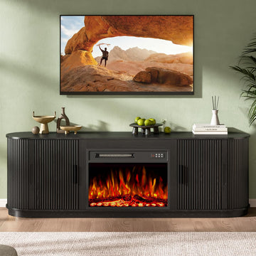 70" Fluted Fireplace TV Stand with 23" Electric Fireplace for TVs Up to 80", Entertainment Center with Sliding Door