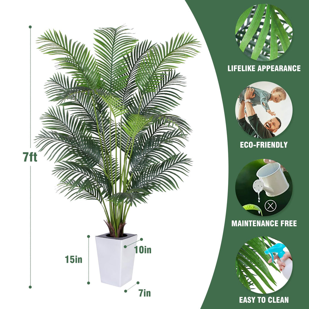 Artificial Palm Tree with White Tall Planter, 7ft Tall Potted Artificial Silk Palm Tree Plant, Fake Tropical Plant
