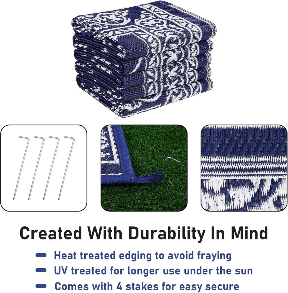 Outdoor Rug 8'x10' s, Waterproof Trellis Blue & White Outside Mat for Front Porch,Beach, Reversible Plastic Straw