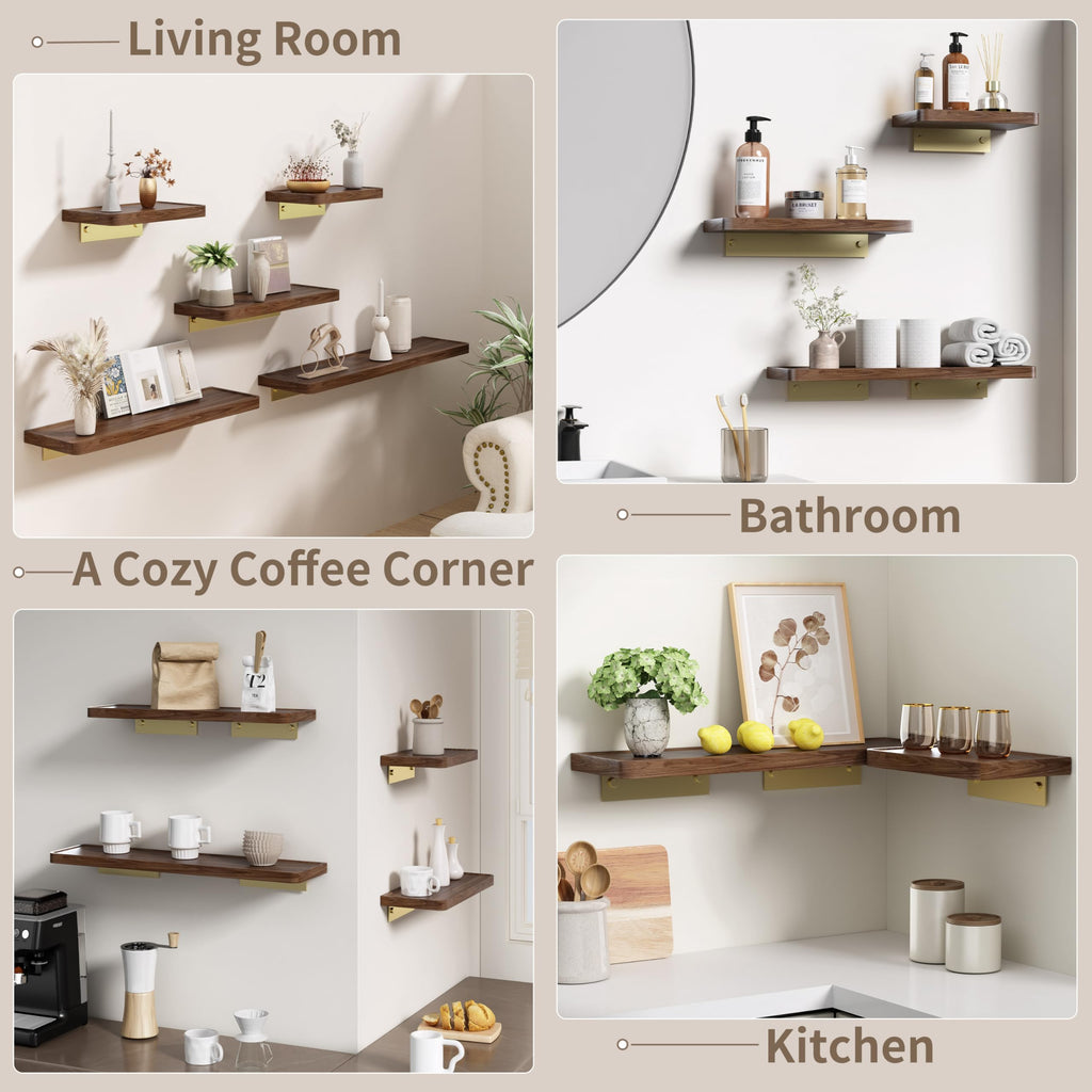 8 Inch Solid Wood Wall Shelf for Storage, Wall Mounted Rustic Walnut Wood Shelves