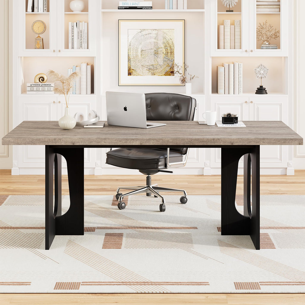 71" Modern Long Dining Table for 6-10 People, Grey & Black