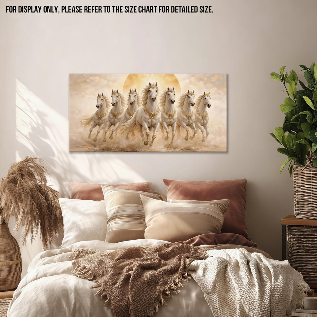 Seven Lucky Running Wild Horses Canvas Wall Art Decor, Gold and Cream White Horse Picture Painting, Framed Artwork &