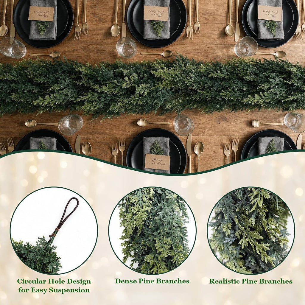 12FT Christmas Cedar Garland, Realistic Artificial Pine Greenery Garland with Flexible Wired Branches, Faux Holiday