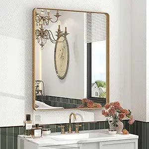 28X32 Gold Bathroom Mirror, Rounded Rectangle Gold Frame Mirror, Brushed Gold Brass Bathroom Vanity Mirror