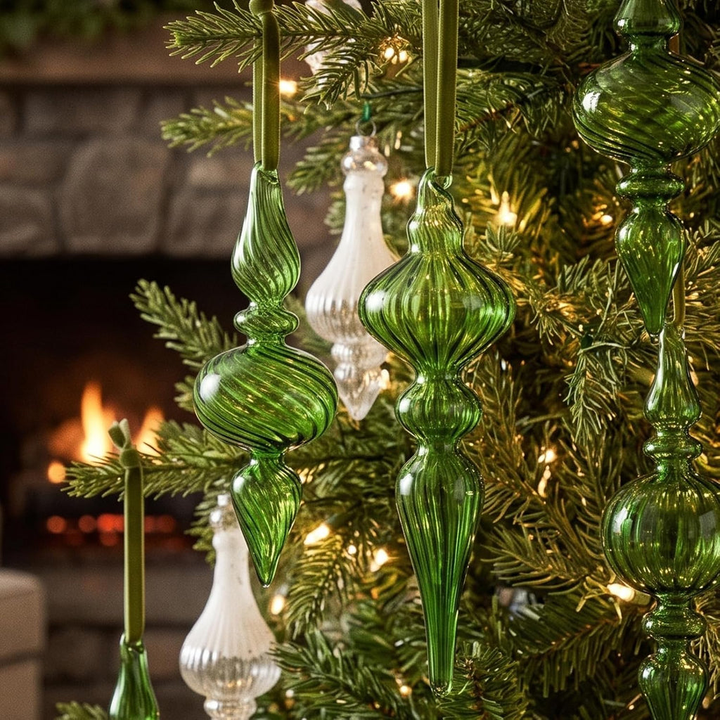 Vintage Glass Finial Christmas Ornaments, Green - Set of 12