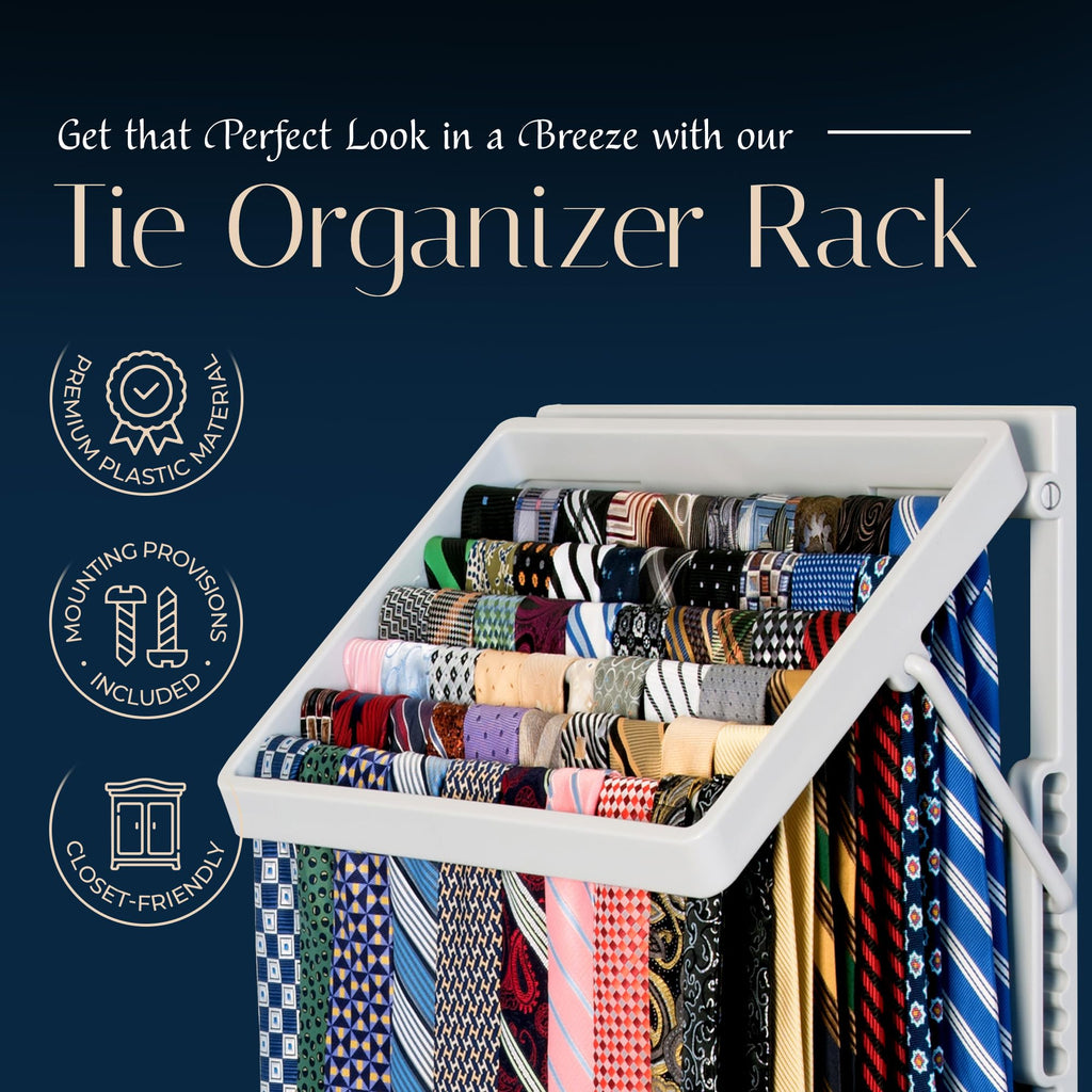 Wall Mounted Tie Rack and Scarf Organizer with 5 Belt Hooks