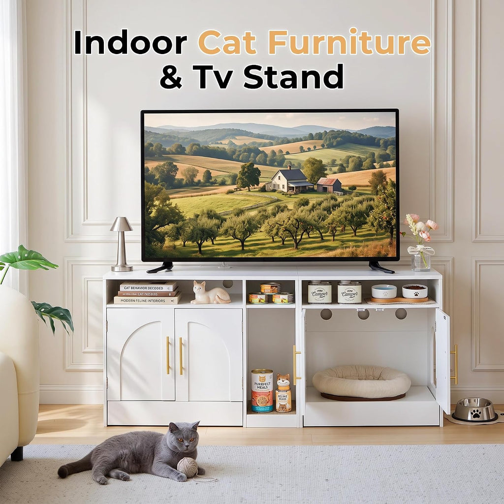 Double Cat Litter Box Enclosure for 2 Cats, 53" Wooden Hidden Cat Litter Box Furniture with Power Outlet, Sliding