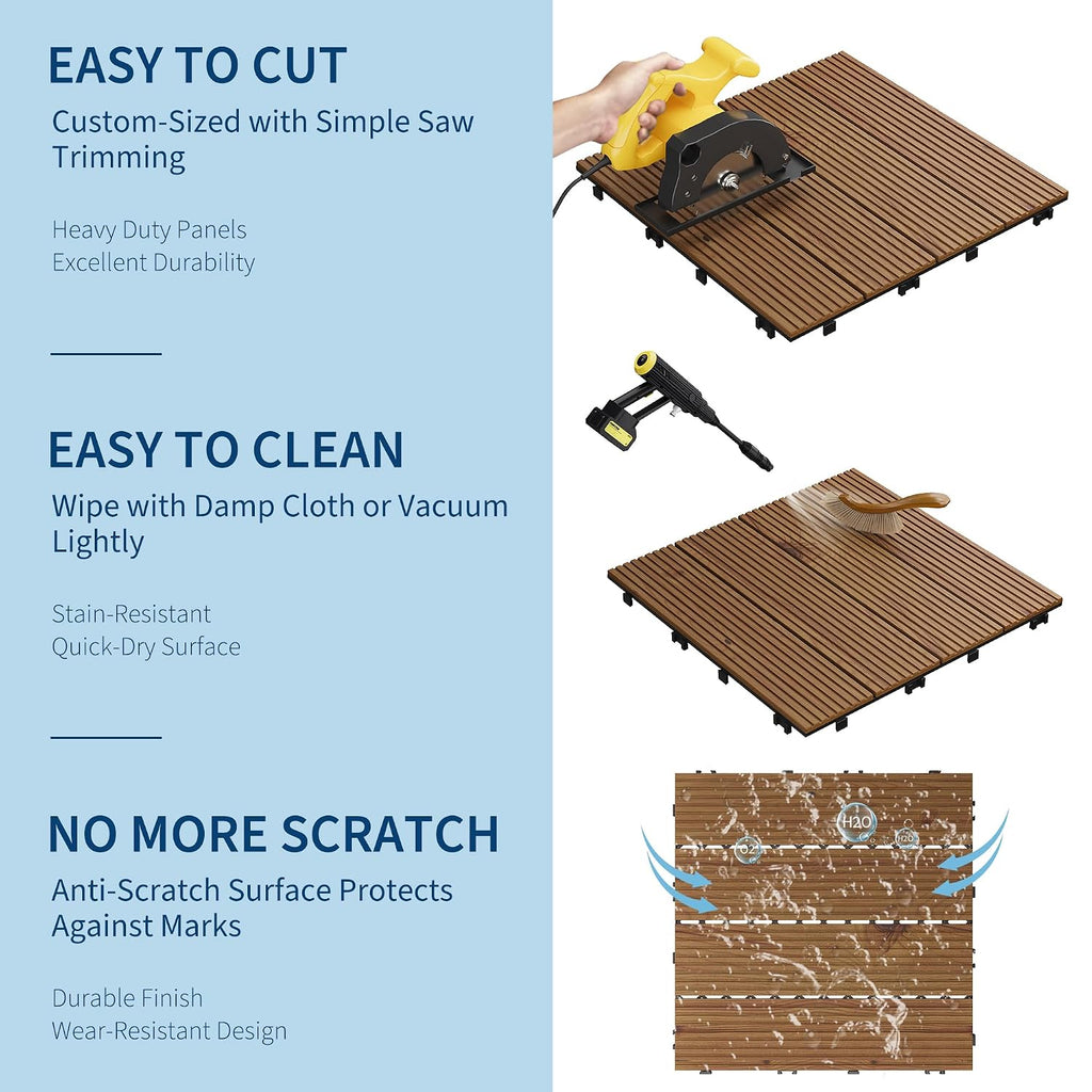 22 PCS Solid Acacia Wood Composite Deck Tiles - 12" x 12" Indoor Outdoor Waterproof Flooring Tiles for Balcony
