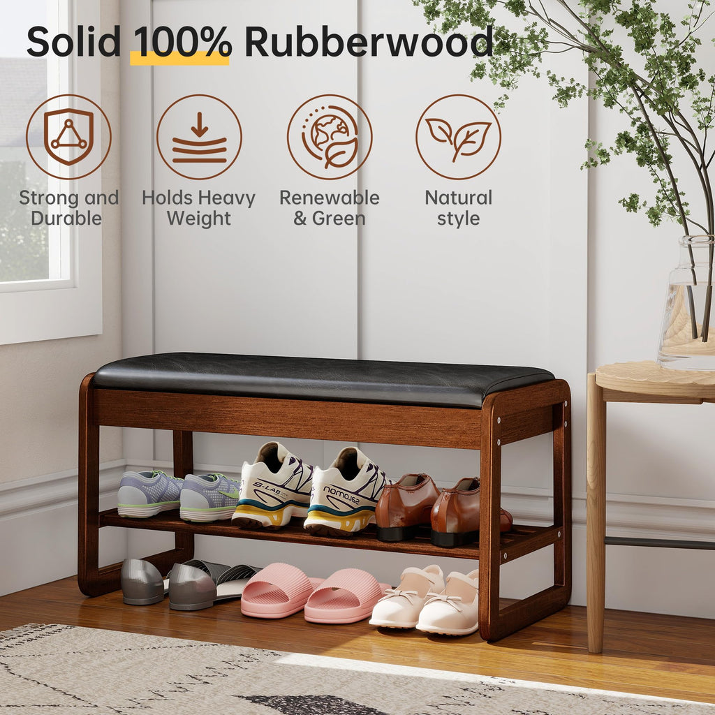 Shoe Rack Bench with Flip-Top Storage, Solid Rubberwood 2-Tier Shoe Organizer with Cushion, Wooden Shoe Stand