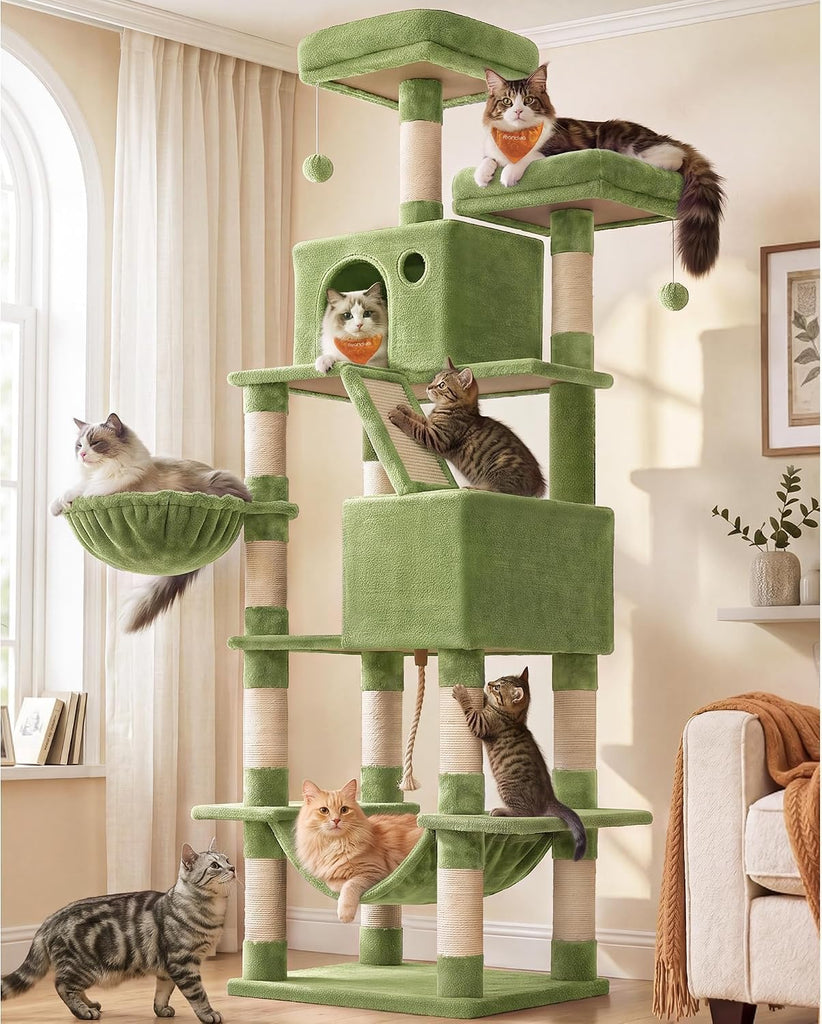 Cat Tree, 81.1-Inch Large Cat Tower, Multi-Level Condo, Green