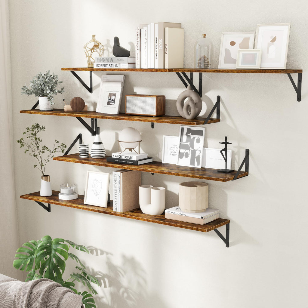 8" Deep Floating Shelves for Wall, 16 inch Wood Wall Shelves Set of 2, Wide Floating Bookshelf with Sturdy Metal