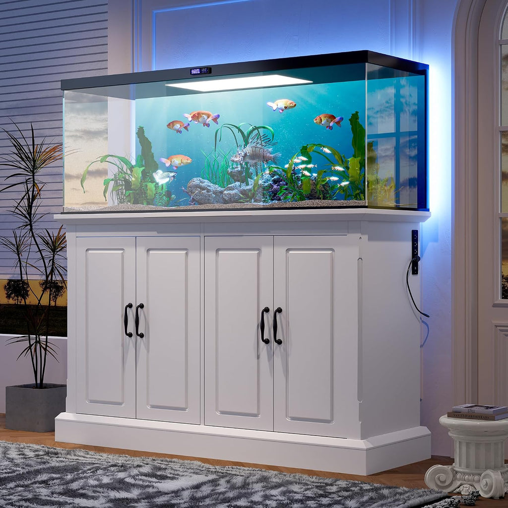 55-75 Gallon Fish Tank Stand, 880LBS Capacity, Built-in Charging Station & Power Outlets, 4 Cabinets, Storage Drawer