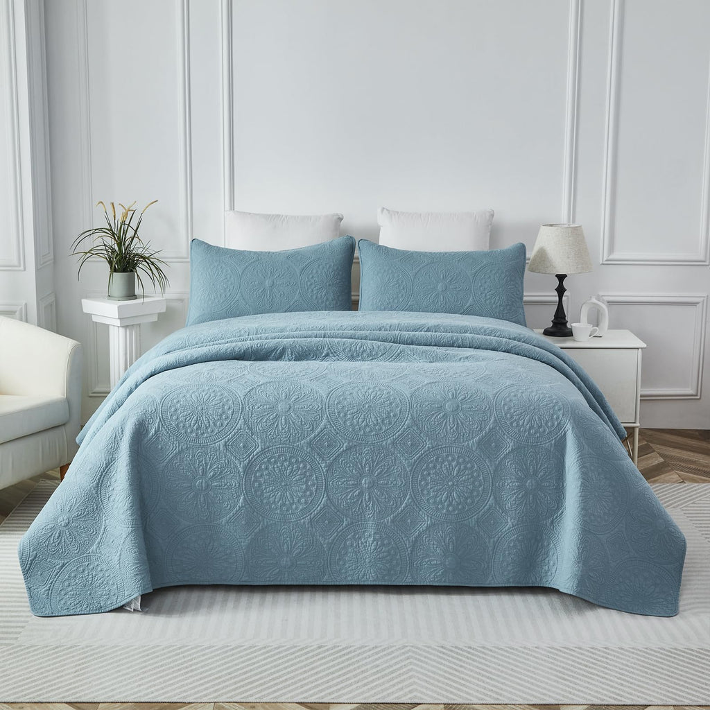 Blue Quilt Set Cotton Queen Chic Medallion Matelasse Coverlet 3PC