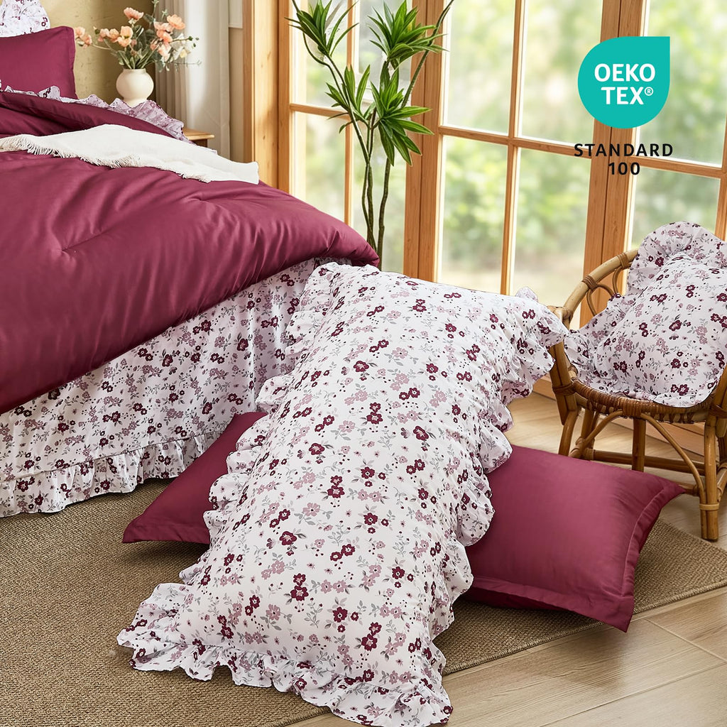 8PC Comforter Set Burgundy, Ruffle Comforter with Floral Sheets