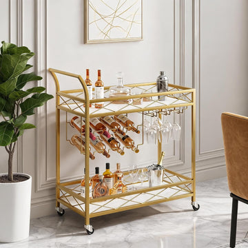 Gold Bar Cart with White Marble Shelves, Slim Serving Cart | Lockable 360° swivel wheels and anti-scratch foot pads