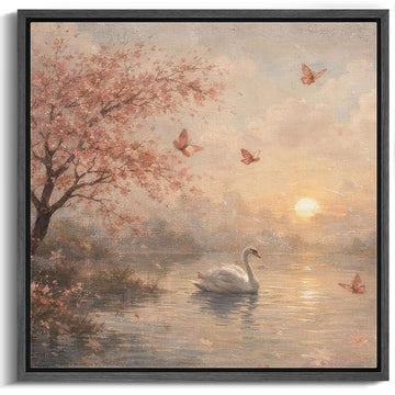 Framed Canvas Print Wall Art Swan Lake at Sunset with Cherry Blossoms Illustrations Realism Decorative Scenic