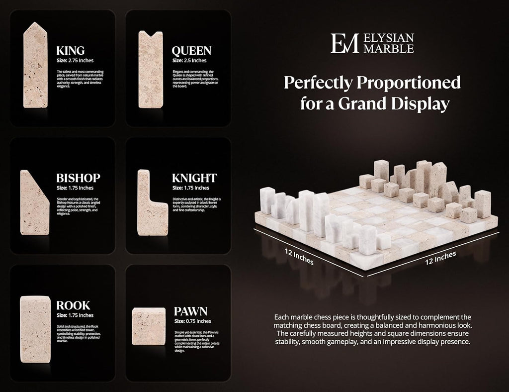 Modern Chess Set - Handcrafted Borderless Marble Chess Board with Minimalist Geometric Pieces, Luxury Decorative