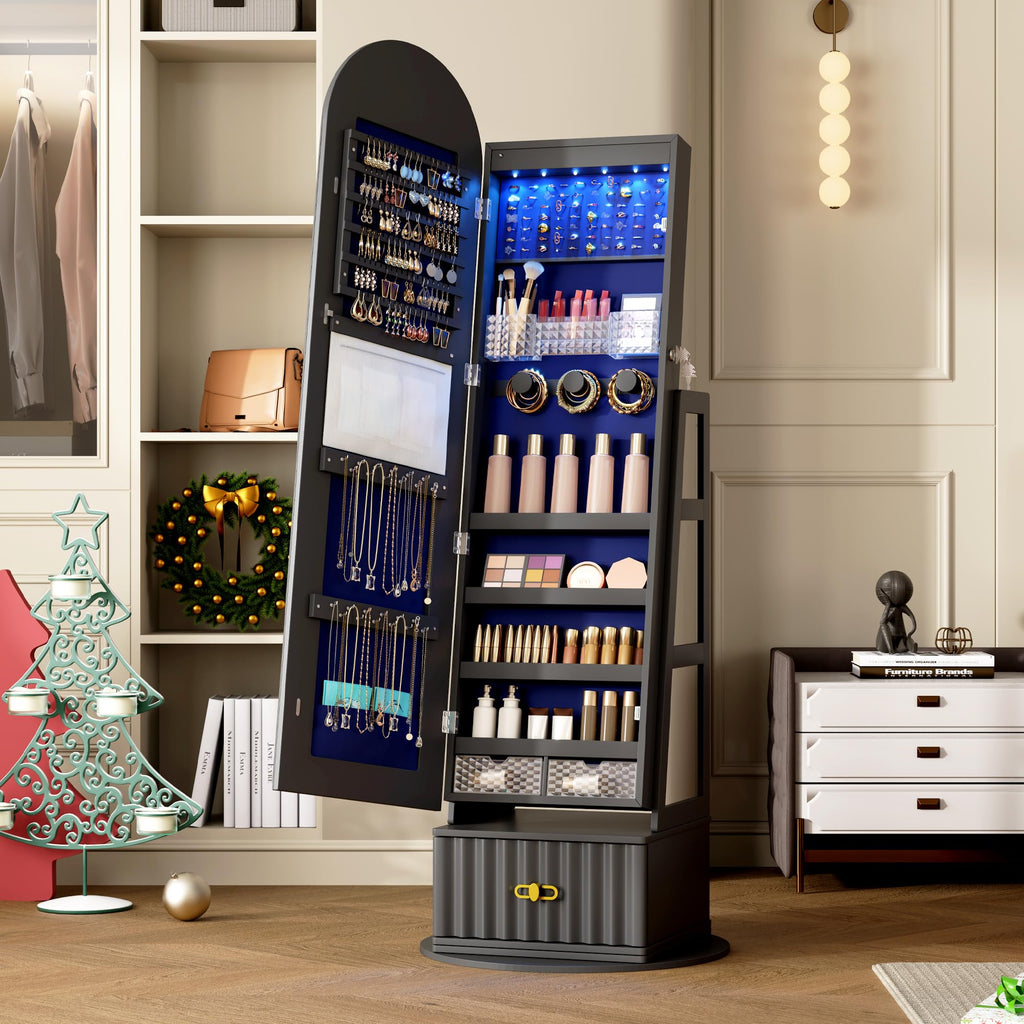Arched LED Mirror Jewelry Cabinet, Standing Jewelry Armoire, Black