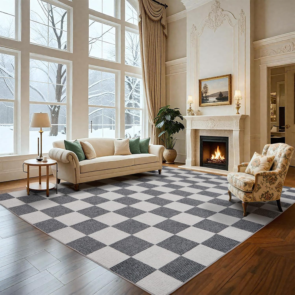 Washable Rug 5x7 ft Checkered Rug, Grey and White Area Rug, Boho Large Rugs, Low Pile Lightweight Indoor Carpet with