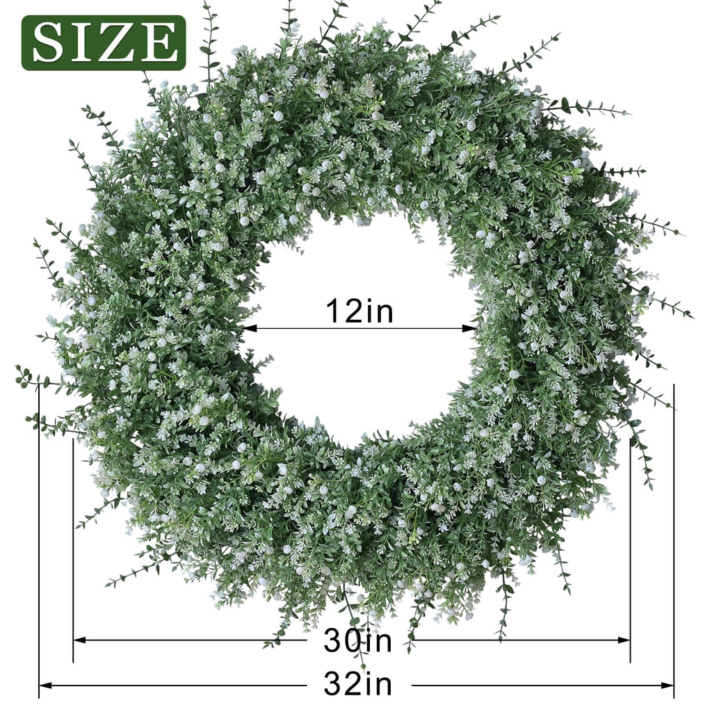 32" Large Artificial Eucalyptus Wreath for Front Door Decor (White-Green)