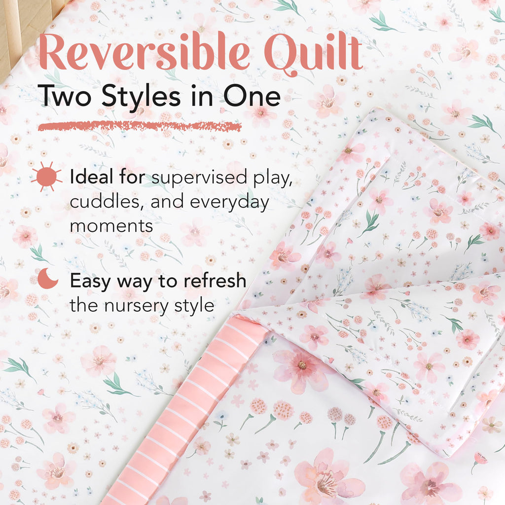 The Hōmistry 3-Piece Baby Crib Sheets Bedding Set for Boys & Girls - Reversible Quilt, Fitted Sheet, Crib Skirt
