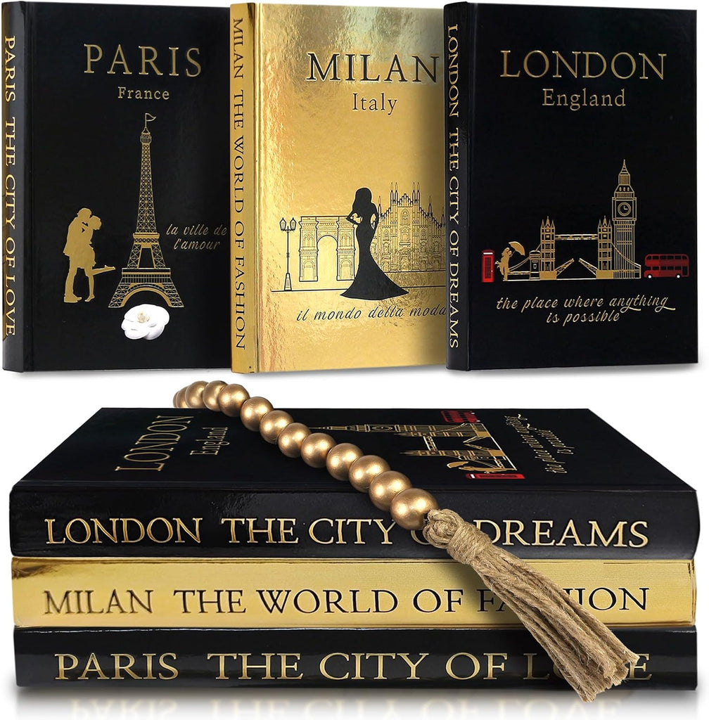 Decorative Books Set of 3 with Golden Garland Bead - Decorative Books for Coffee Table, Home Decor - Designer Books