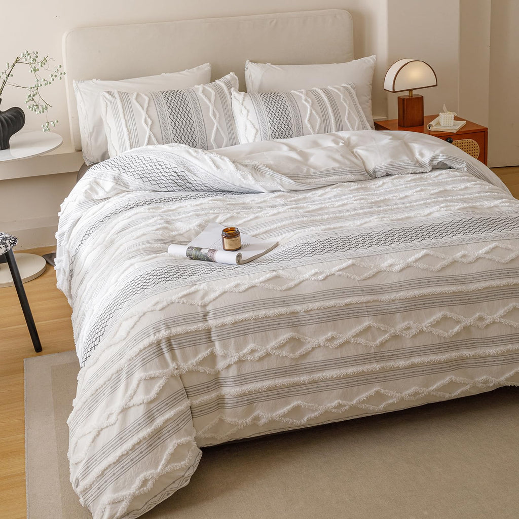 Boho White Comforter Set Queen Women Men Farmhouse White Black Jacquard Bedding Set Bohemian Country Blanket Quilts