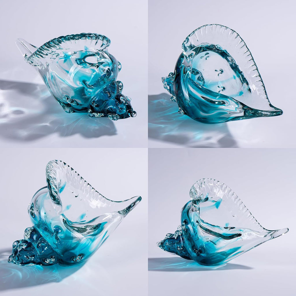 8" Blown Glass Conch Shell, Large Blue Glass Seashells Sculpture Table Centerpiece, Coastal Ocean Beach Themed Room
