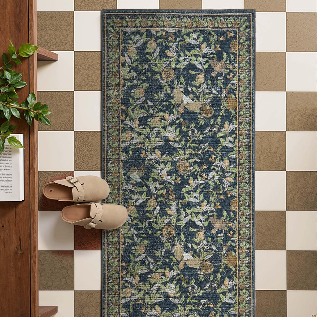 Runner Rug Floral Vintage Washable Area Rug, Blue/Green