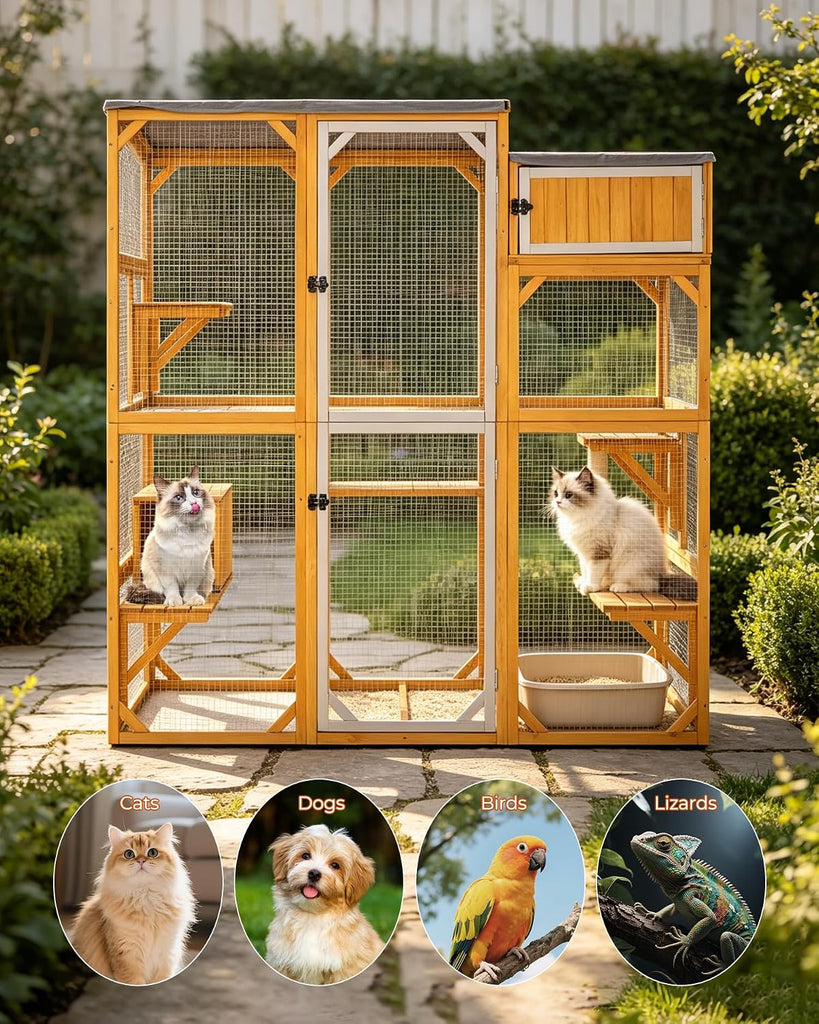 Wooden Catio Outdoor Cat Enclosure Large Walk-in Cat House with 5 Multi-Level Platforms, Scratching Post, Resting Den