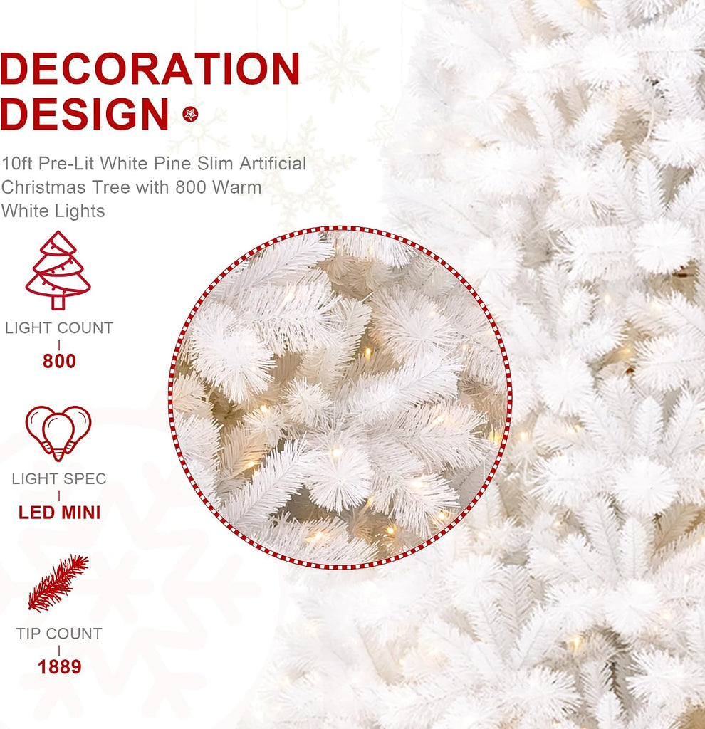 Pre-Lit White Pine Full-Size Artificial Christmas Tree with 800 Warm White Lights, Three Function, Aspen