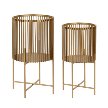 Paynter Modern 2-Piece Metal Floor Planter Set with Foldable Stand, Gold