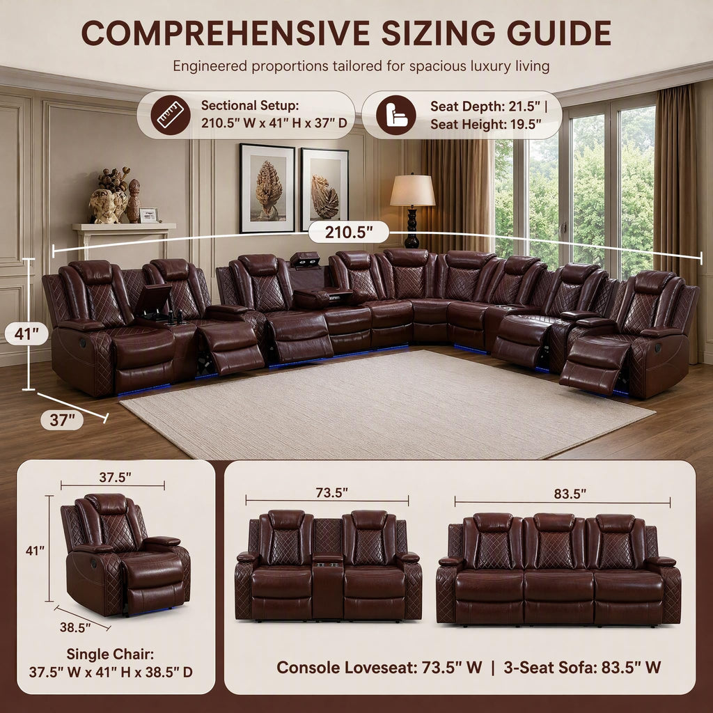 Power Reclining Sectional Sofa Set with Recliner Chair, Black Breathable Faux Leather L-Shaped Couch with LED Lights