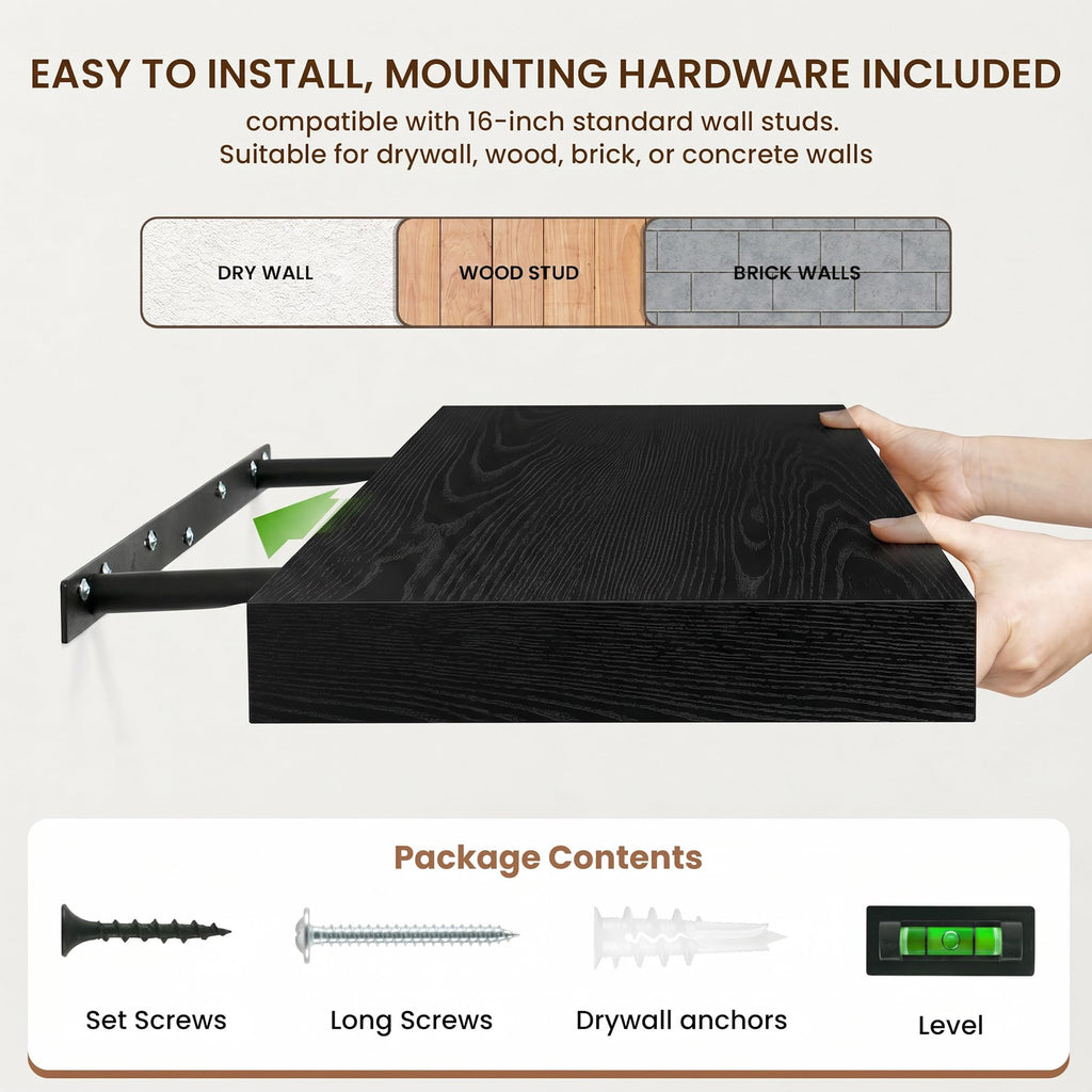 12 Inch Deep Floating Shelves, 12'' x 12'' Black Shelves Set of 2