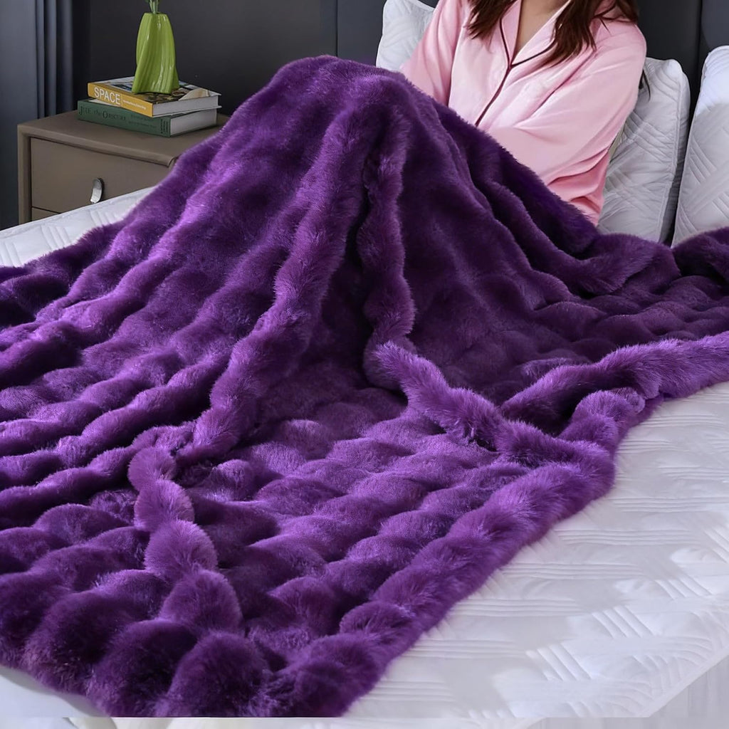 Purple Faux Fur Throw Blanket for Couch, Double-Sided Bubble Textured Plush Blanket with Soft Flannel Back