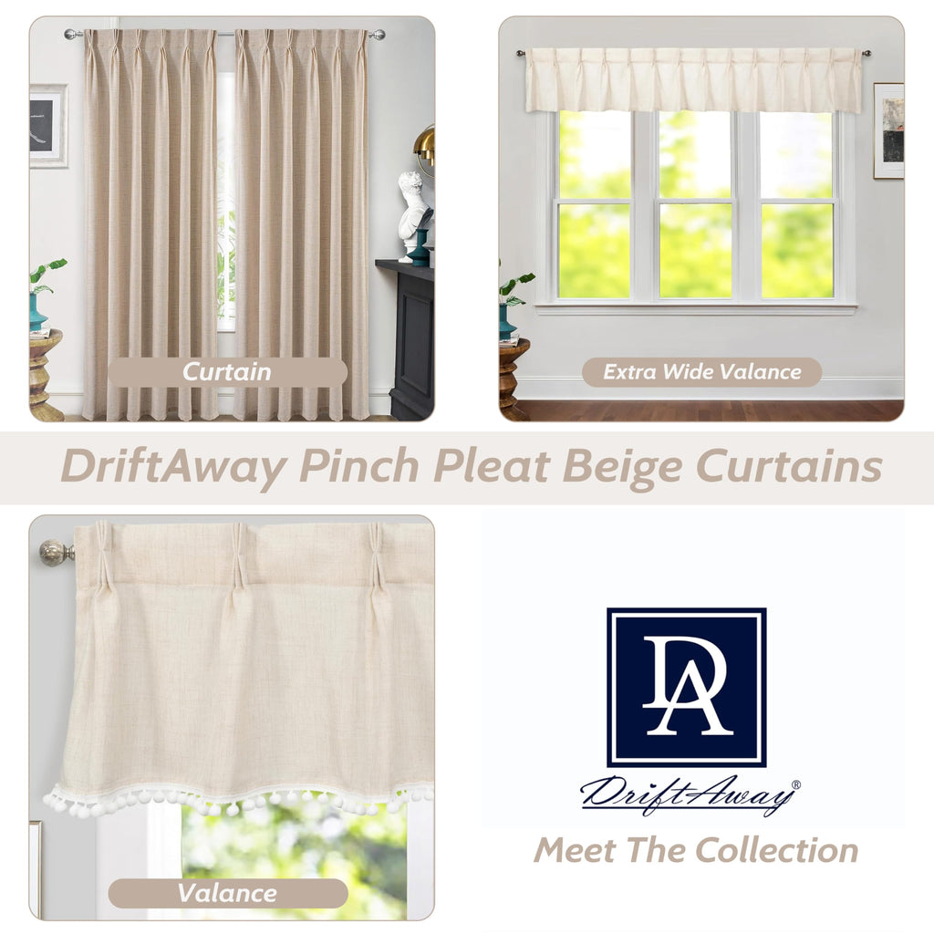 Pinch Pleat Valance Window Faux Linen Textured Solid Beige Valance 16 Inch Light Filtering Farmhouse Linen Curtain