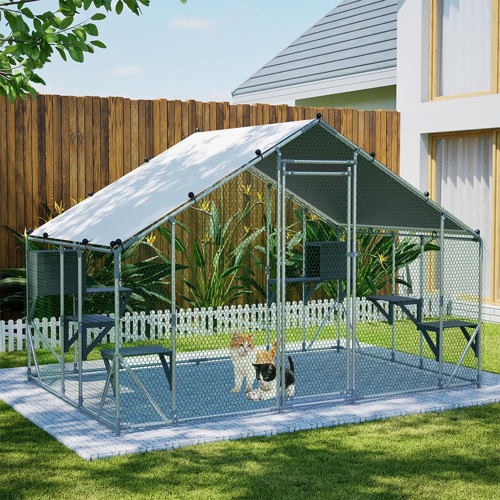 Large Outdoor Catio Cat Enclosure, 122" Metal Cat Run with Platforms, Walk-in Pet Cage with Waterproof Roof Cover
